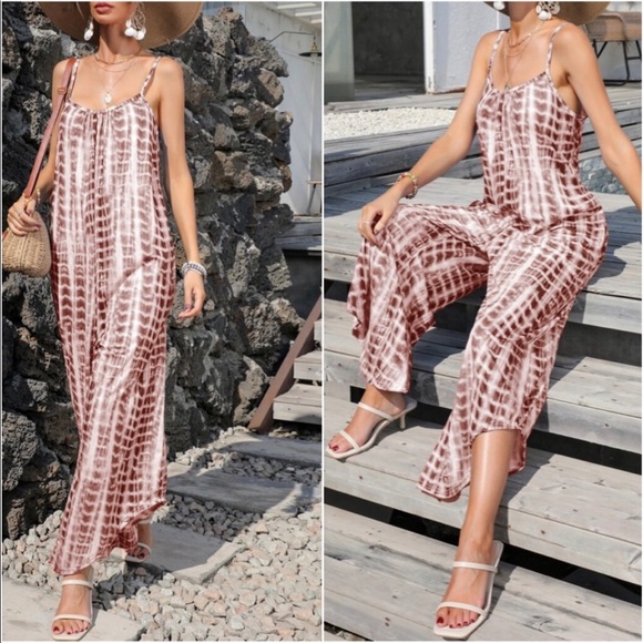 Boho Tie Dye Ombre Wide Leg Pants Pocket Jumpsuit - Picture 2 of 15